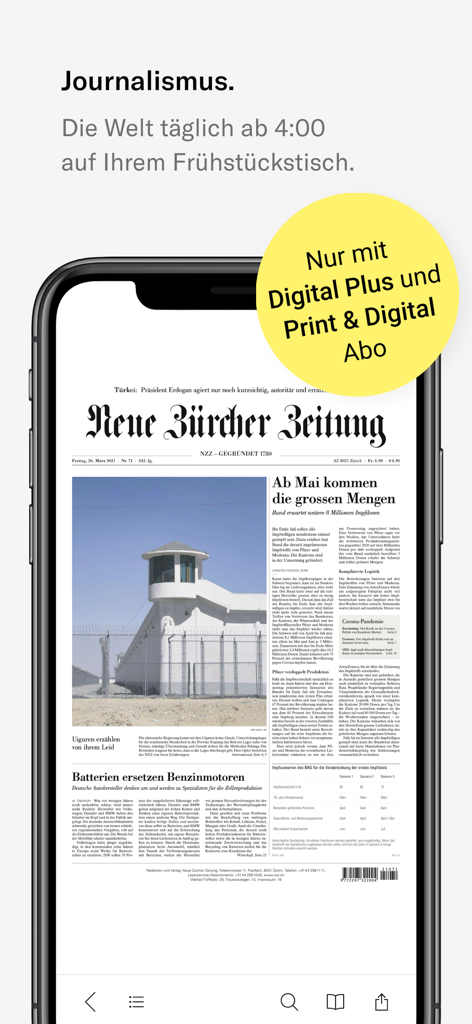 NZZ E-Paper mobile App-Oberfläche, die eine digitale Zeitungsseite auf einem Smartphone-Bildschirm anzeigt