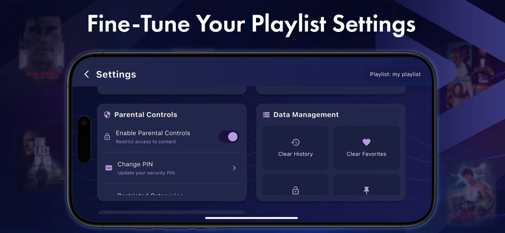 OTT Nav Tivimain IPTV Smarters - Settings menu of the IPTV player app showing parental controls and data management options
