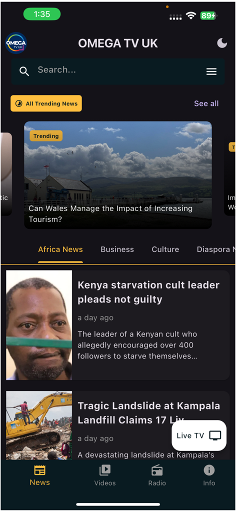 OMEGA TV UK - OMEGA TV UK mobile app news feed showing trending headlines about Africa and global culture.
