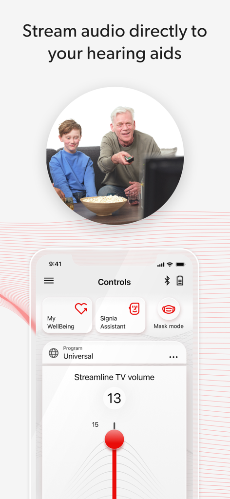 Signia app screen for adjusting TV streaming volume to hearing aids