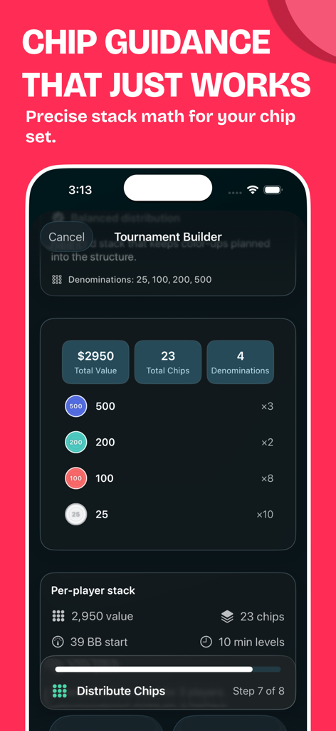 チップスタックの分布のためのポーカータイマーアプリのトーナメントビルダー