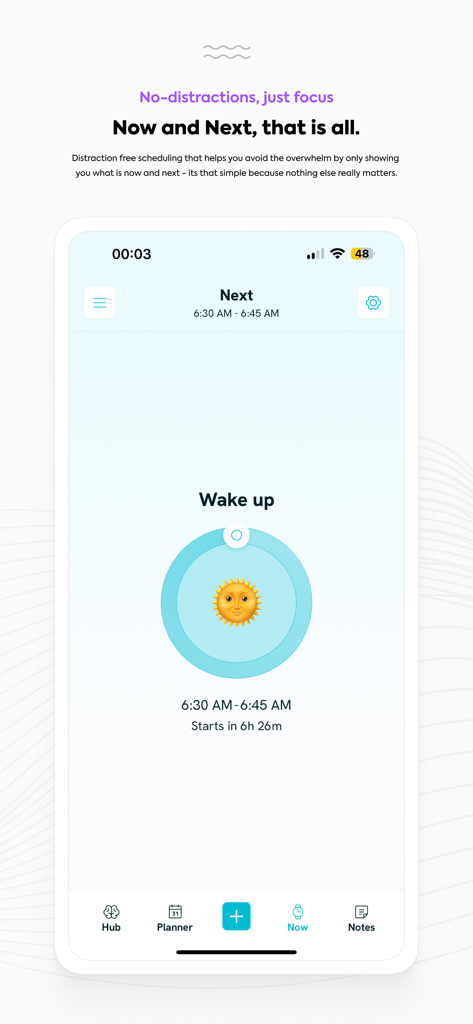 A minimalist mobile app screen showing a visual routine for waking up with a sun icon and scheduled time range