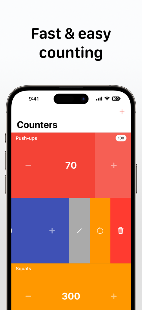 Interface of the Tally app on an iPhone showing colorful counters for tracking push-ups and squats.