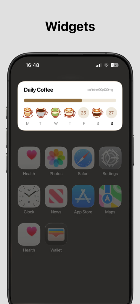 CoffeeLog - Coffee Tracker - La pantalla de inicio del iPhone que muestra el widget de la aplicación CoffeeLog con la ingesta diaria de cafeína y los hábitos de café semanales