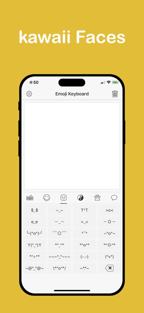 iPhone上の様々らかわいい顔文字や顔文字を表示するテキスト用絵文字キーボードProアプリのスクリーンショット。