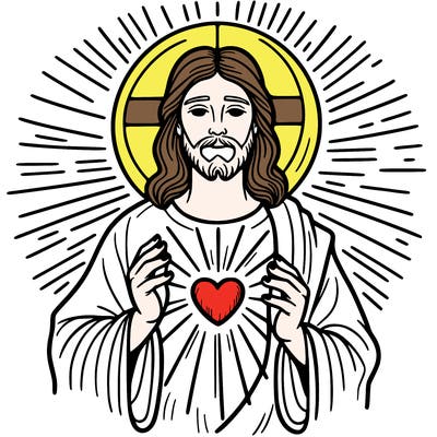 jesus holding a heart with sun in background