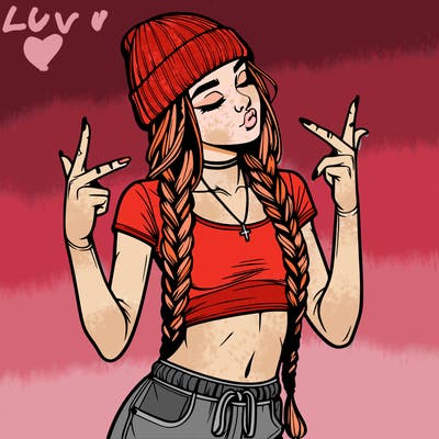 realistic teenage girl with braids and a beanie and crop top doing 🫶🏼