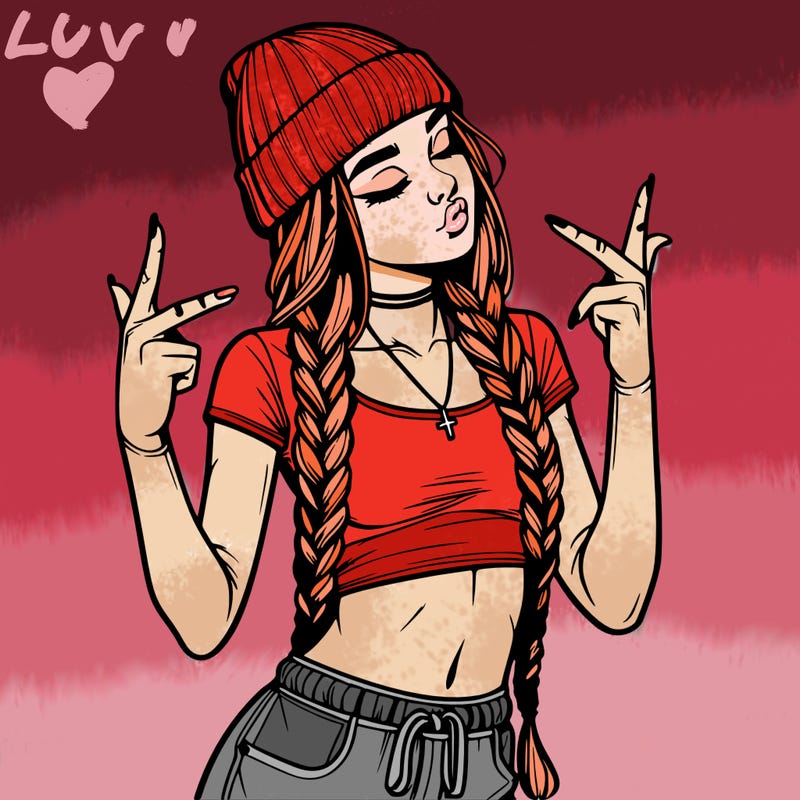 realistic teenage girl with braids and a beanie and crop top doing 🫶🏼