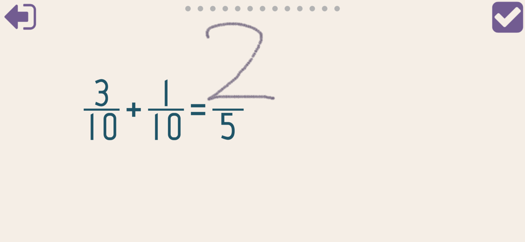 Mathe 5. Klasse - 5th grade math app showing fraction addition with handwritten answer input