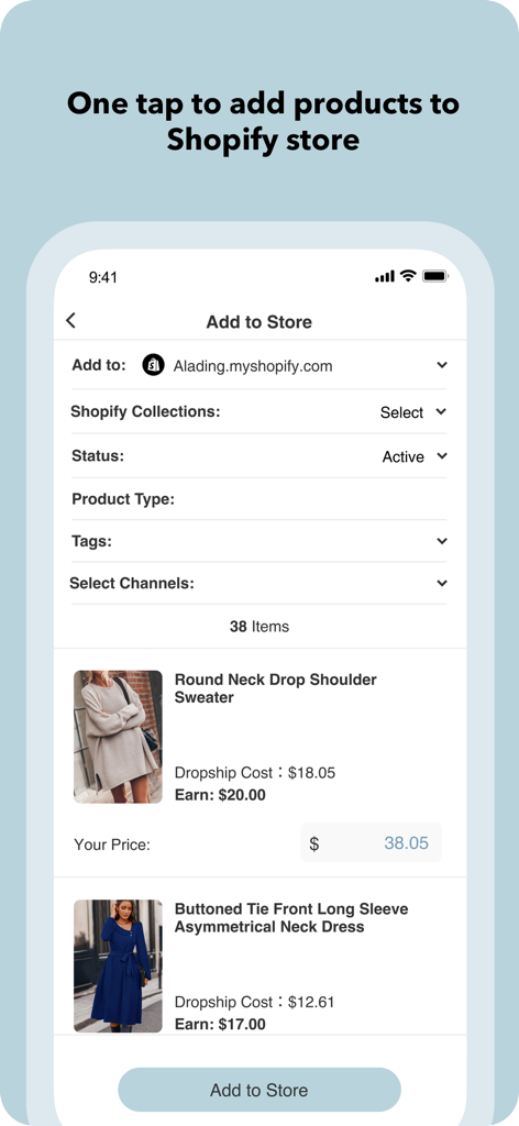 A mobile app interface showing the option to add fashion products like sweaters and dresses directly to a Shopify store with profit margin details.