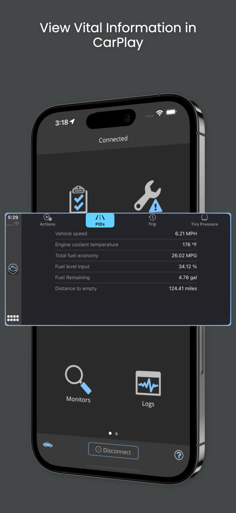 OBD Fusion app displaying vital vehicle data on a CarPlay screen