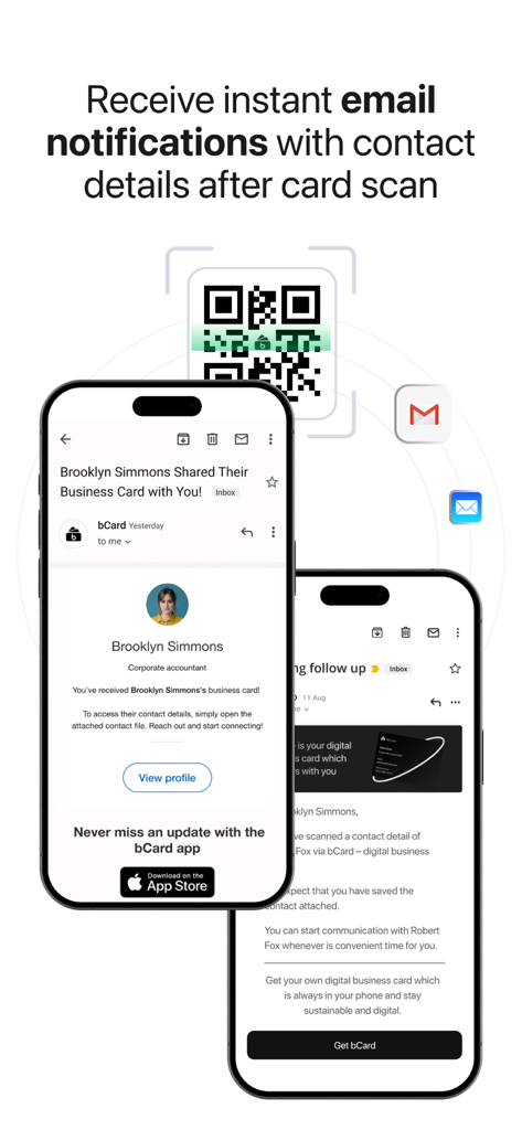 bCard app showing instant email notifications with contact details after a digital business card QR code scan