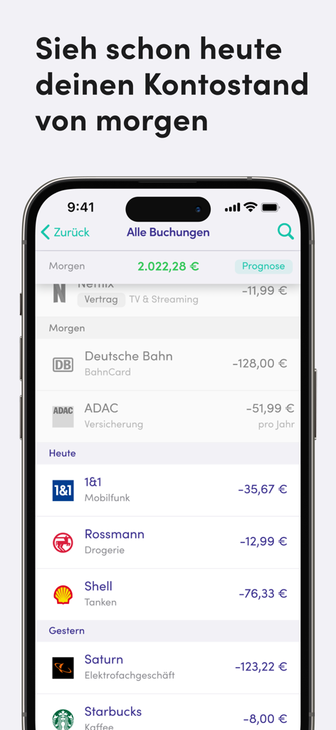 Schermata dello smartphone dell'app Finanzguru che mostra un elenco di transazioni categorizzate per data e una previsione del saldo del conto per il giorno successivo.
