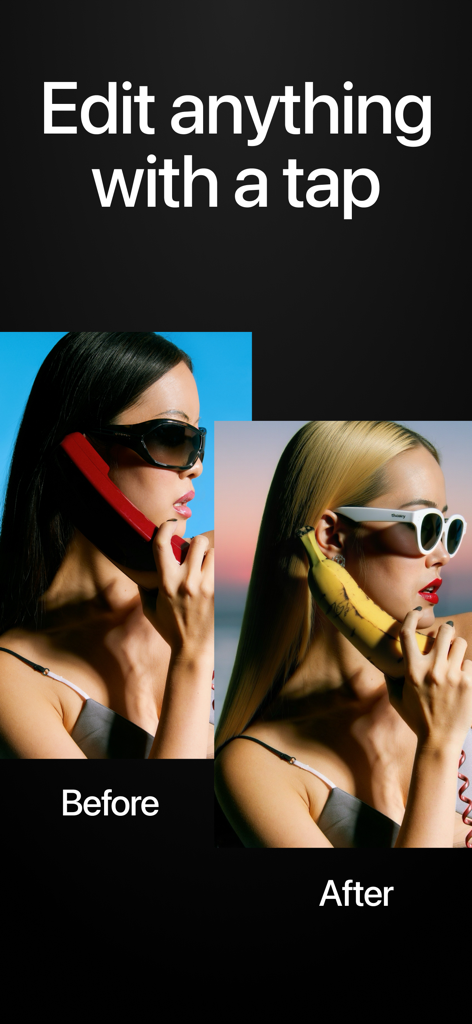 Before and after comparison showing a woman with a red phone and dark hair transformed into blonde hair with a banana phone using Wand AI