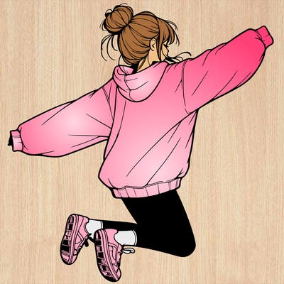 realistic girl jumping with a bun and oversized sweatshirt
