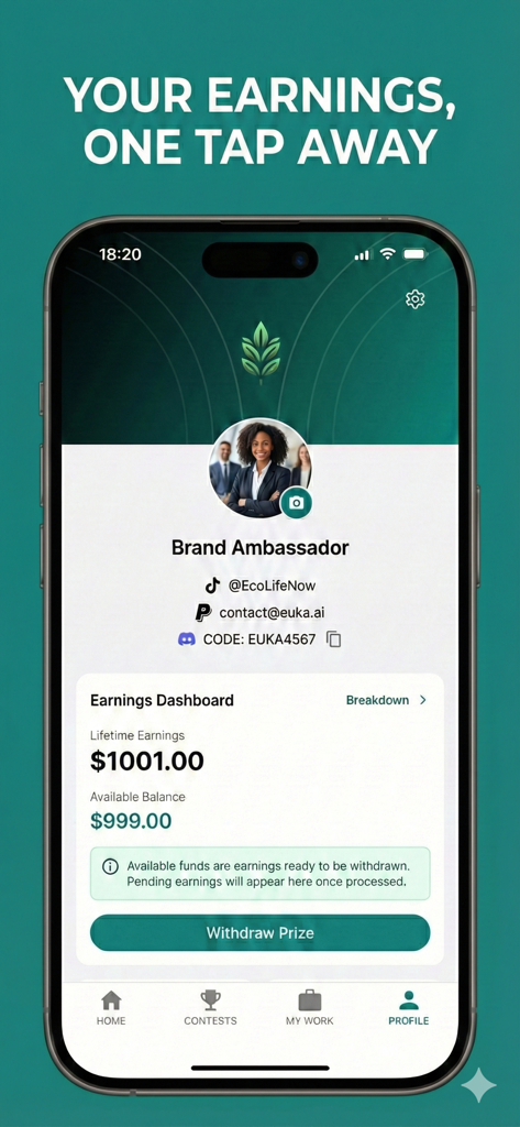 Euka Creator 앱 프로필 화면에 크리에이터 수입 대시보드 및 인출 버튼 표시됨