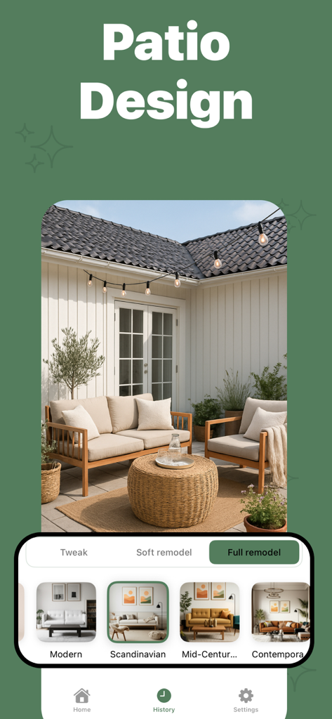 AI Garden Design: Yardly - Interfaz de la aplicación de IA que muestra estilos de diseño de patios y opciones de remodelación