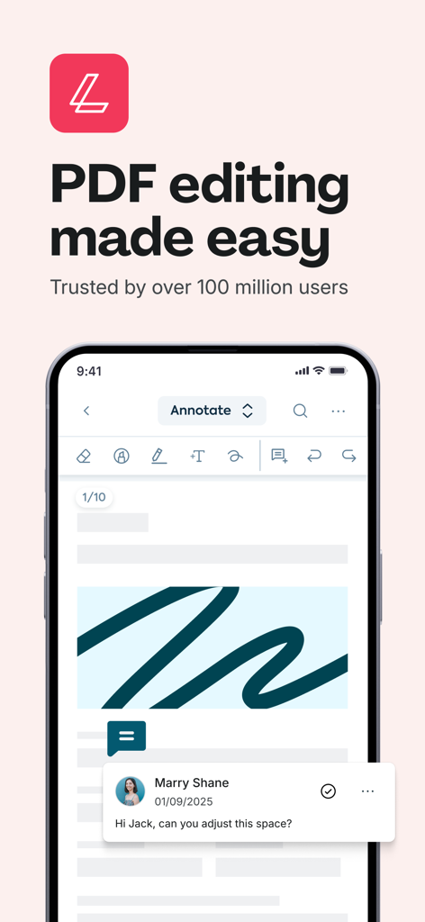 Lumin: View, Edit, Share PDF - Aplicación Lumin en iPhone mostrando herramientas de edición de PDF y un comentario colaborativo de un miembro del equipo