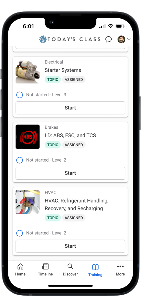 Today's Class - Mobile interface of Today's Class app showing assigned automotive training topics for electrical, brakes, and HVAC systems.