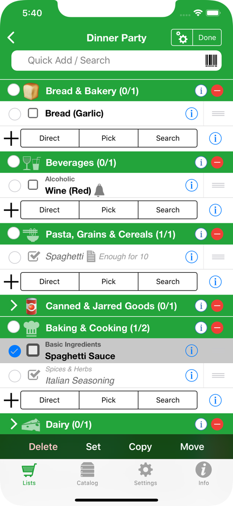 Shopping Pro (Grocery List) - Interfaz de iPhone de la aplicación Shopping Pro mostrando una lista de la compra categorizada para una fiesta de cena