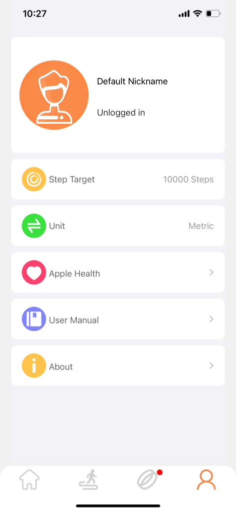 JRing - User profile and settings menu in the JRing health app