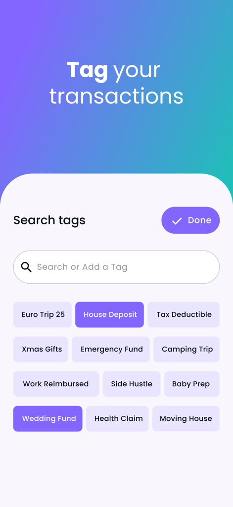 Billroo: Budget & Finance - Interface for tagging transactions in the Billroo budgeting app with custom categories like house deposit
