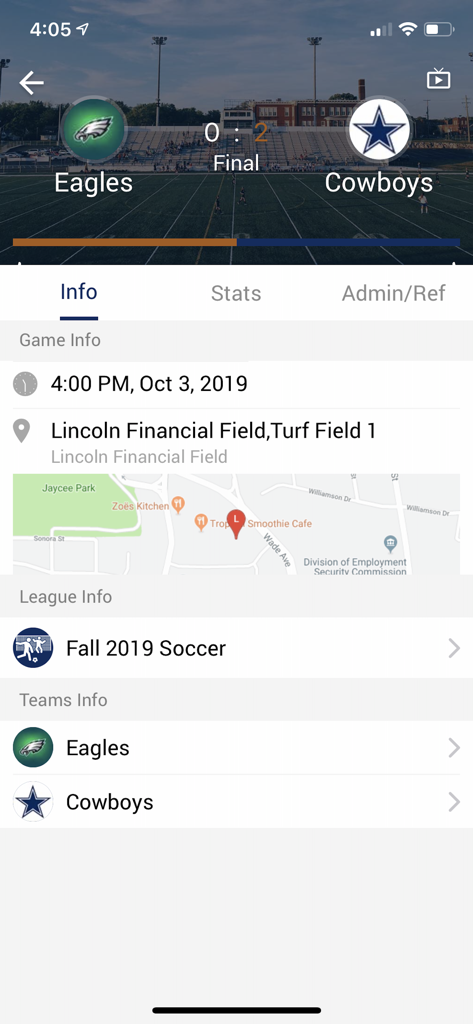 IMLeagues app interface showing intramural soccer game results and location details