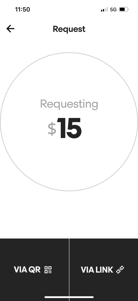 Payy app screen for requesting 15 dollars with QR code and payment link sharing options.