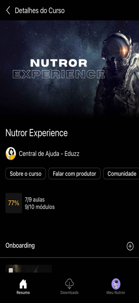 Nutror - Tela do aplicativo móvel Nutror mostrando detalhes do curso e progresso de aprendizado