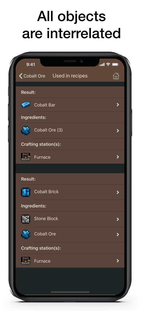 Screenshot dell'app Pocket Wiki per Terraria che mostra ricette di crafting interrelate per il Minerale di Cobalto.