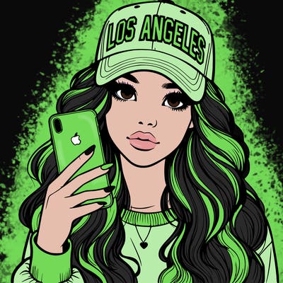 realistic beautiful girl wearing los ángeles cap holding an iphone