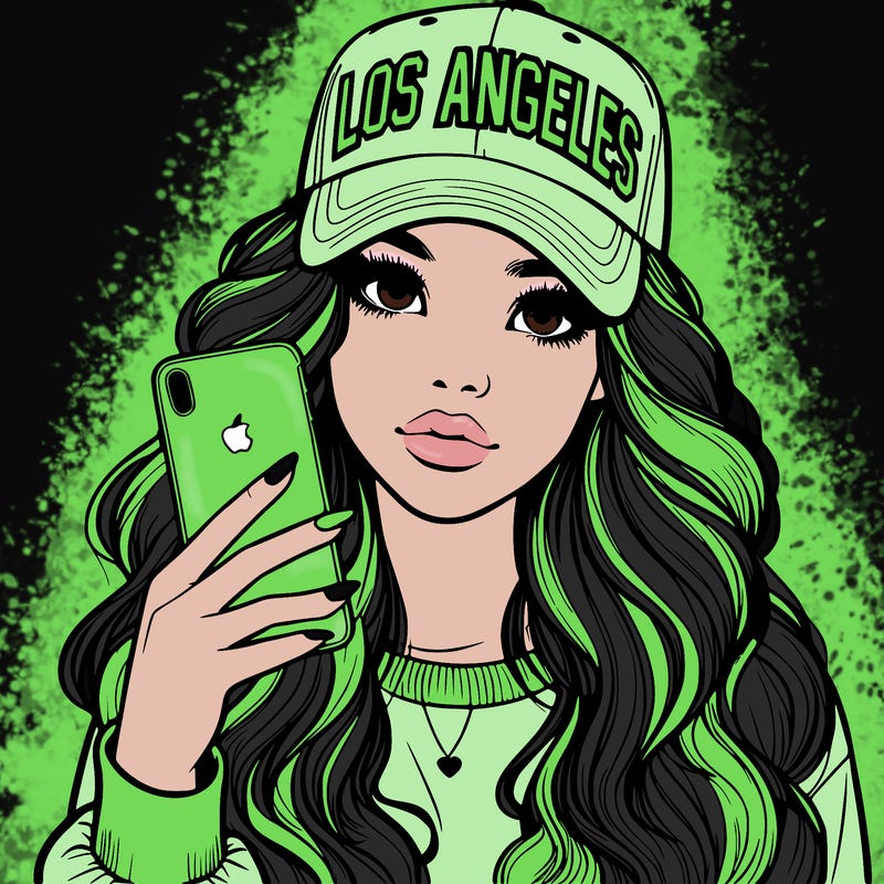 realistic beautiful girl wearing los ángeles cap holding an iphone