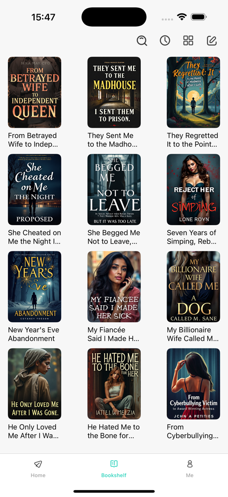 WeyonNovel - Schermata della libreria dell'app mobile WeyonNovel che mostra una varietà di copertine e titoli di web novel di tendenza.