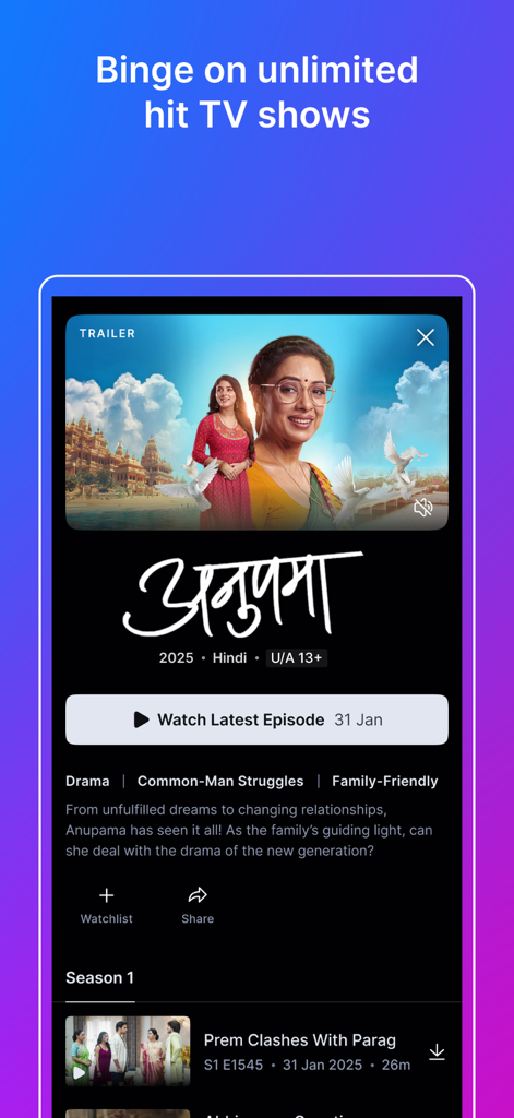 JioHotstar - JioHotstar app interface showing the popular Hindi drama series Anupama with streaming options