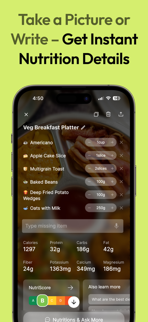 NutriScan: Calorie & Diet Plan - NutriScanアプリのインターフェース。朝食の盛り合わせの栄養詳細とカロリー計算が即座に表示されます。