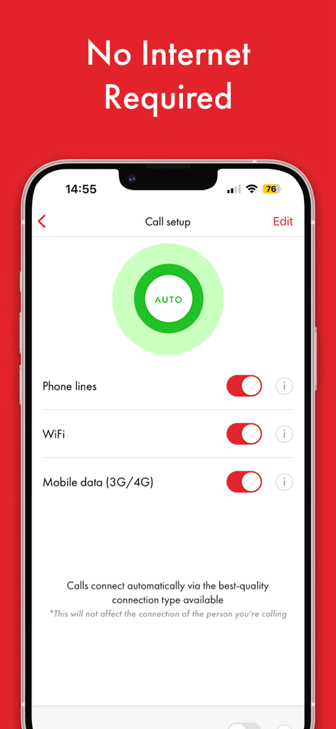 Rebtel: Top-Ups And Calls - Pantalla de configuración de llamadas de la aplicación Rebtel que muestra opciones de conexión automática para líneas telefónicas, WiFi y datos móviles.