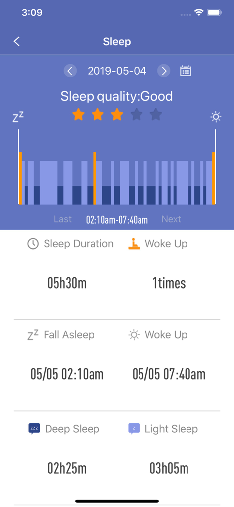 Écran de l'application H Band affichant la durée du sommeil et les mesures de sommeil profond