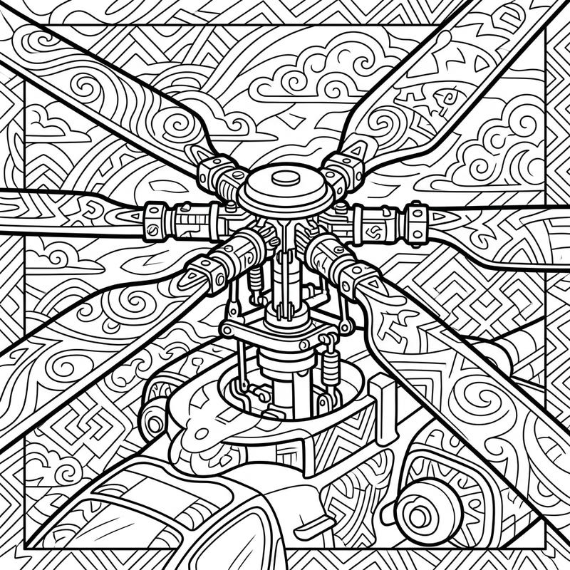 Engage in a captivating coloring experience with this detailed helicopter rotors design. Specially crafted for seniors, it offers clear lines and intricate patterns for relaxation and cognitive stimulation.