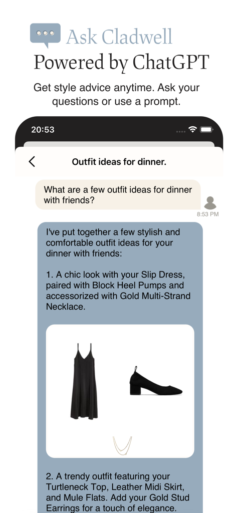 Chat interface of Cladwell app offering AI outfit suggestions for dinner