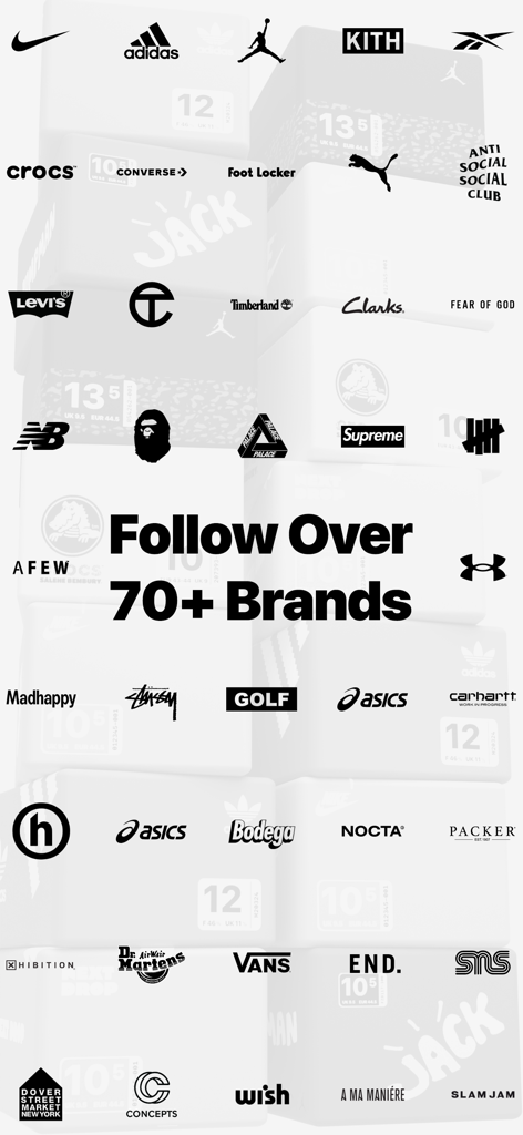 Next Drop – Sneaker Releases - A collage of major sneaker and streetwear logos representing over 70 supported brands in the Next Drop app
