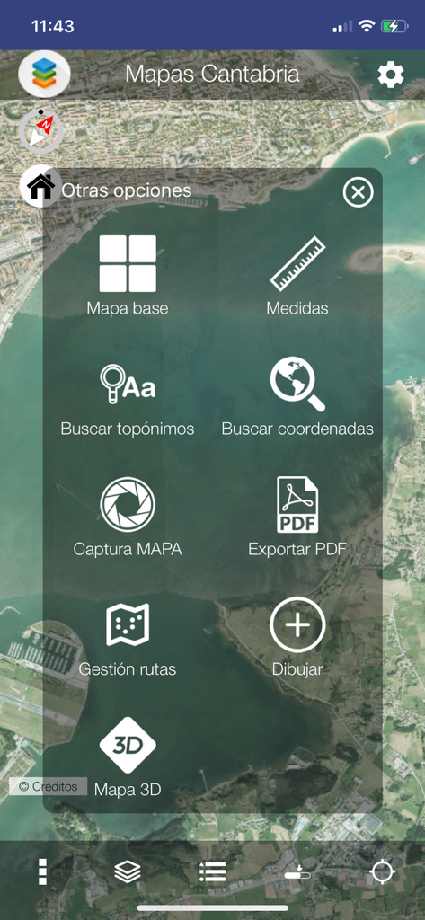 Mapas de Cantabria - Écran du menu principal de l'application Mapas de Cantabria présentant les options pour les cartes 3D, la gestion des itinéraires et la recherche de coordonnées.