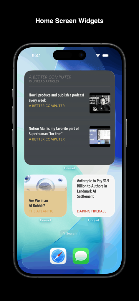 Unread: An RSS Reader - iPhone home screen displaying Unread RSS reader widgets with unread article headlines and thumbnails.