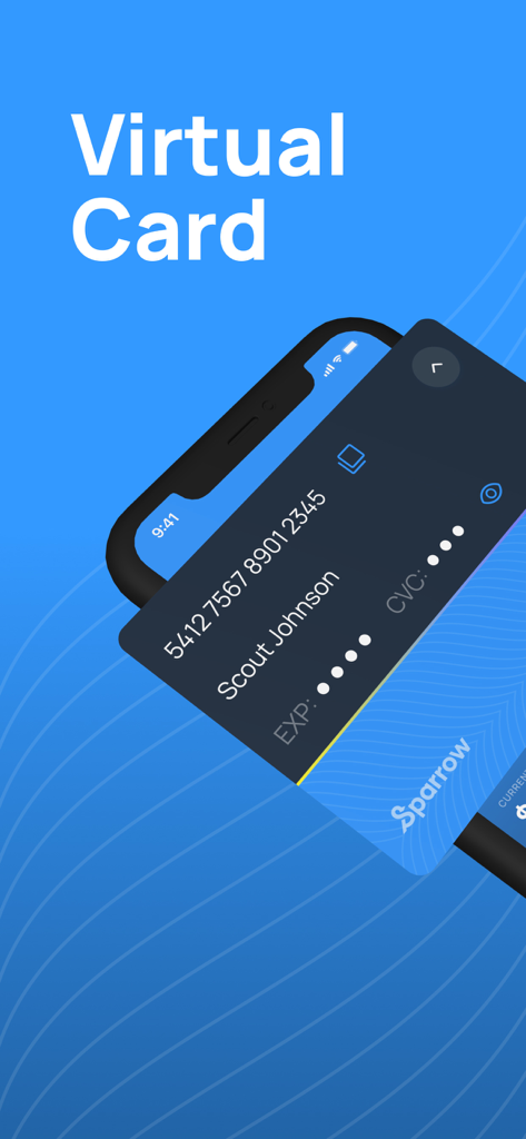 Smartphone screen showing the Sparrow Card App virtual card interface