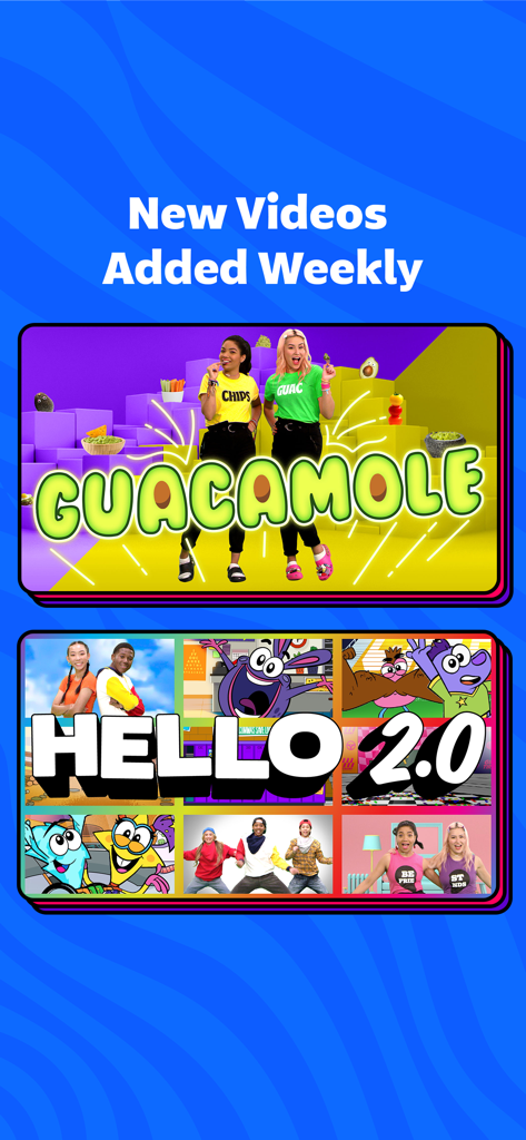 GoNoodle app interface showing a library of dance and movement videos for kids with new content added weekly