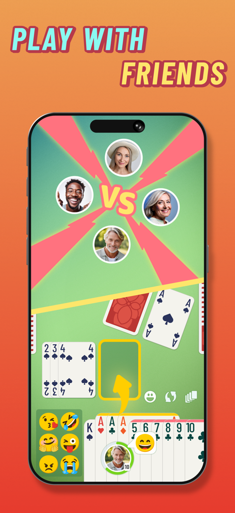 Online-Multiplayer-Rummy-Kartenspiel-Oberfläche, die ein Spiel mit Freunden und Social-Media-Emojis zeigt.