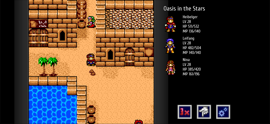 Vay - Gameplay screenshot of the JRPG Vay showing character exploration in a desert town and a party status menu