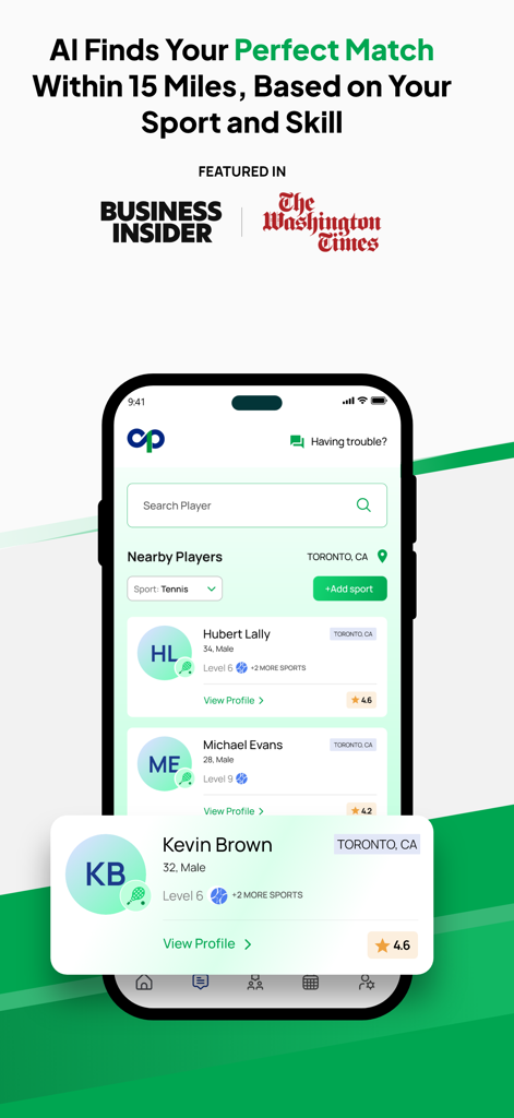 ConnectPlayers: Find Chat Play - ConnectPlayers app interface displaying nearby athletes and skill match levels