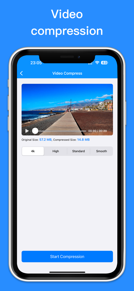 Cleaner - Clean Storage - Interfaz de la app Cleaner mostrando una función de compresión de vídeo que reduce un archivo de 57,2 MB a 14,8 MB