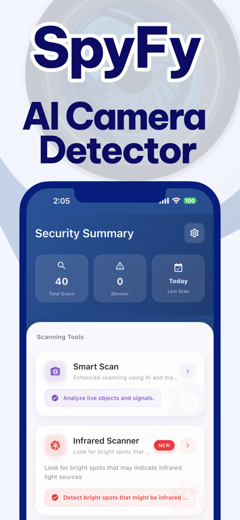 Interfaz de la app SpyFy Detector de Cámaras con IA mostrando el resumen de seguridad y herramientas de escaneo como Smart Scan y Infrared Scanner.