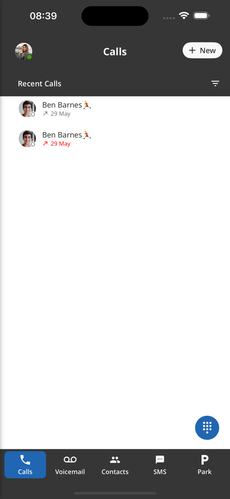 ConnectUC - ConnectUC mobile app interface showing a list of recent business calls and navigation menu